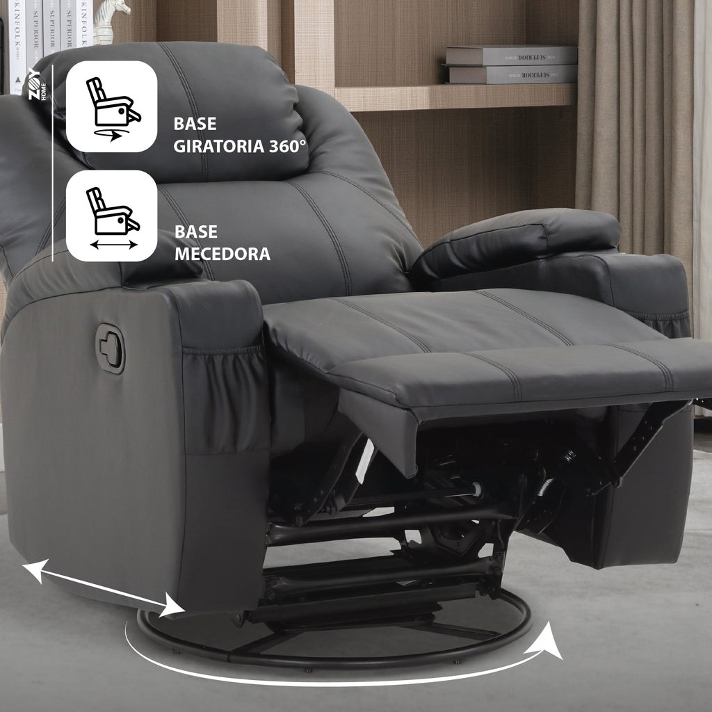 Bergere Lhasa Multifunción Mecedora y Giratorio con Masaje y Calor. PU Negro