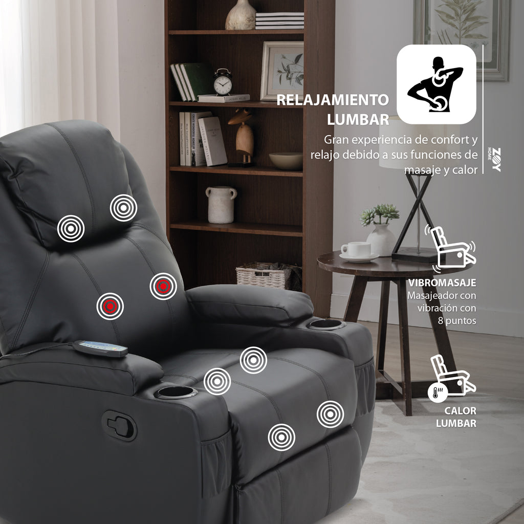 Bergere Lhasa Multifunción Mecedora y Giratorio con Masaje y Calor. PU Negro